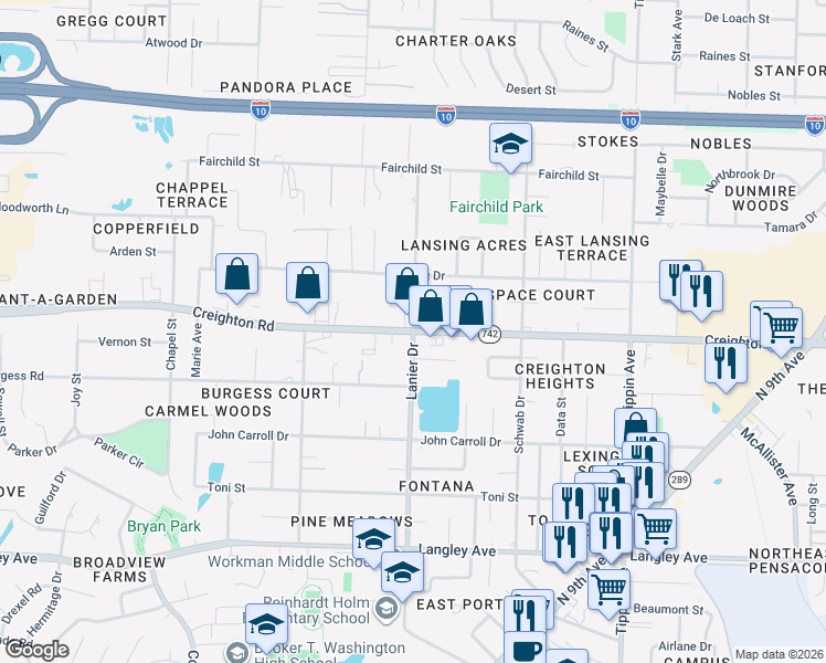 map of restaurants, bars, coffee shops, grocery stores, and more near Creighton Rd & Lanier Dr in Pensacola