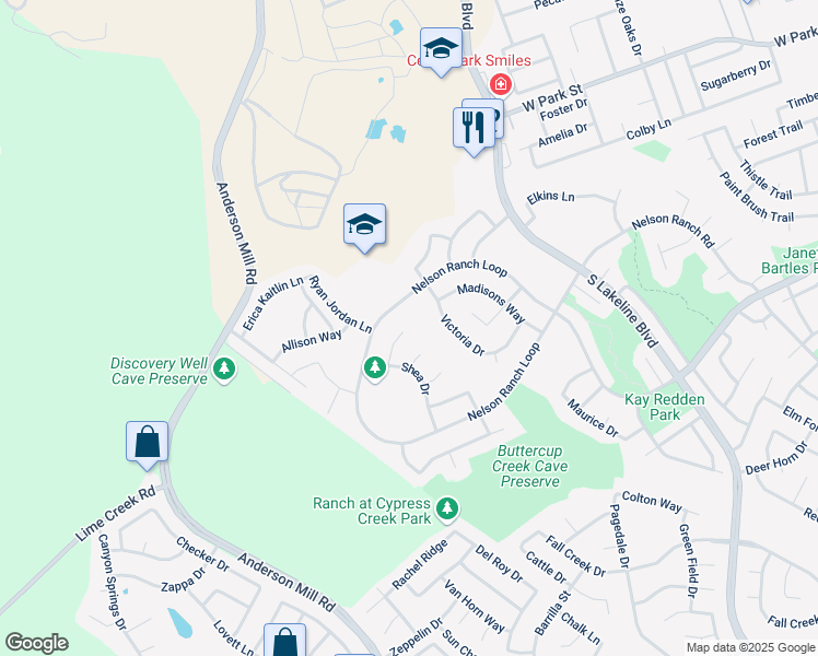 map of restaurants, bars, coffee shops, grocery stores, and more near 2000 McIllwain Cove in Cedar Park