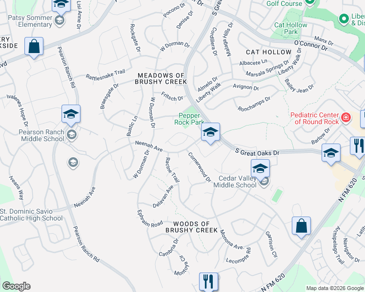 map of restaurants, bars, coffee shops, grocery stores, and more near 15907 Neenah Cove in Austin