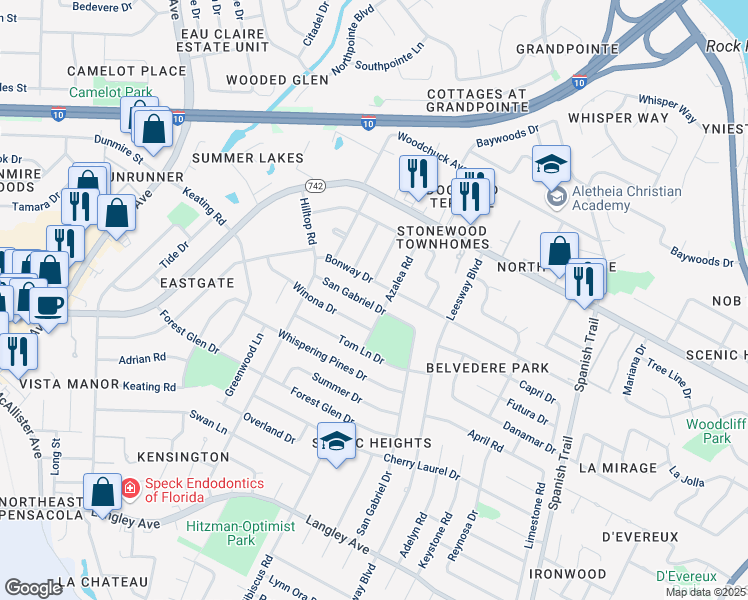 map of restaurants, bars, coffee shops, grocery stores, and more near 3970 San Gabriel Drive in Pensacola