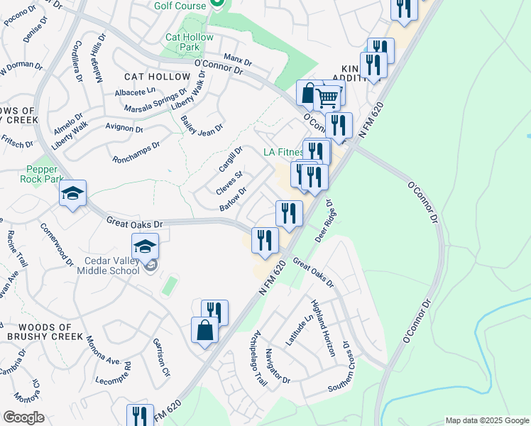 map of restaurants, bars, coffee shops, grocery stores, and more near 16100 Great Oaks Drive in Round Rock