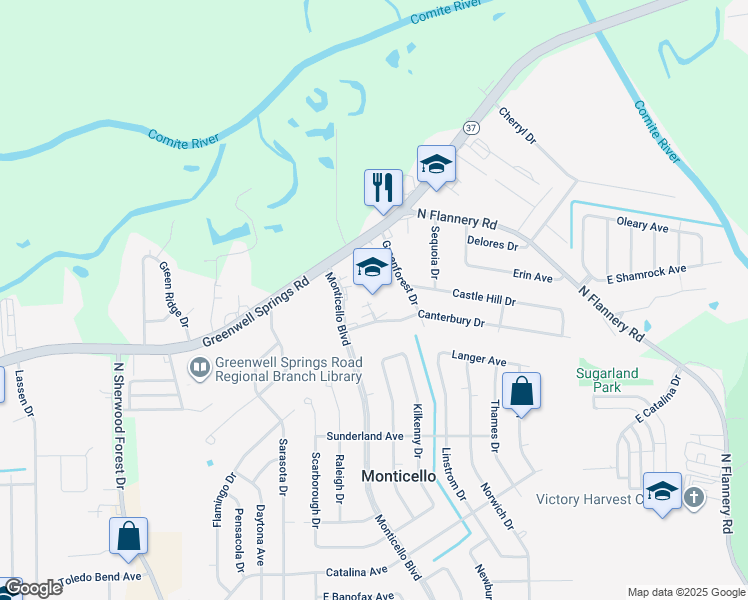 map of restaurants, bars, coffee shops, grocery stores, and more near 12203 Canterbury Drive in Baton Rouge