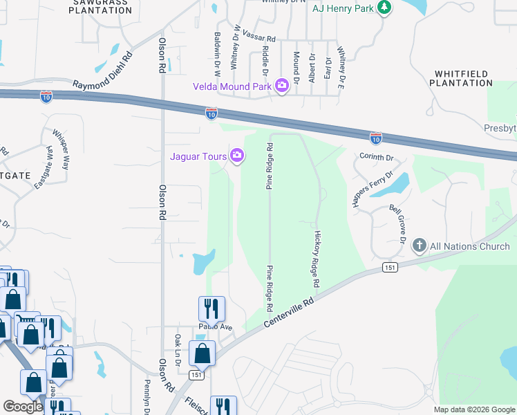 map of restaurants, bars, coffee shops, grocery stores, and more near 2680 Pine Ridge Road in Tallahassee