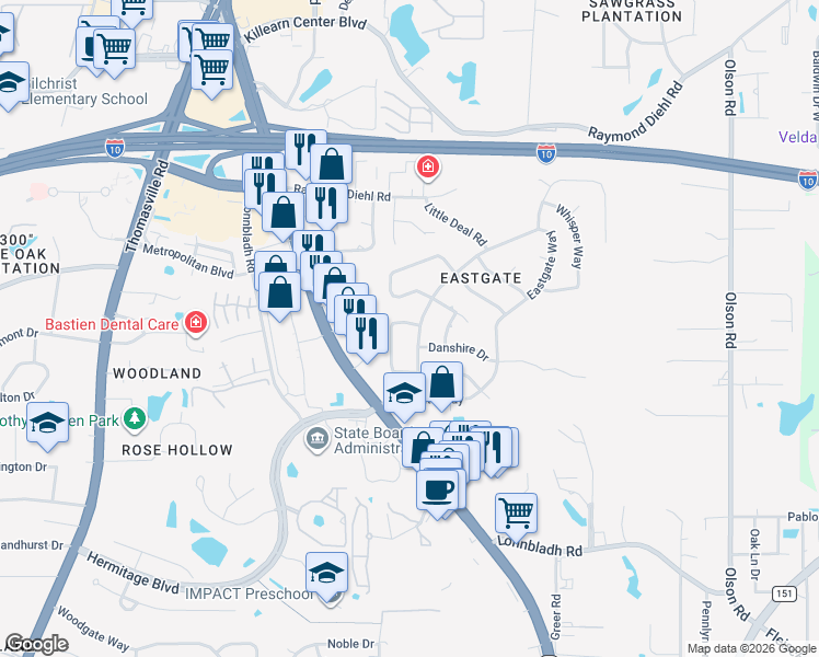 map of restaurants, bars, coffee shops, grocery stores, and more near 2635 Byron Circle in Tallahassee