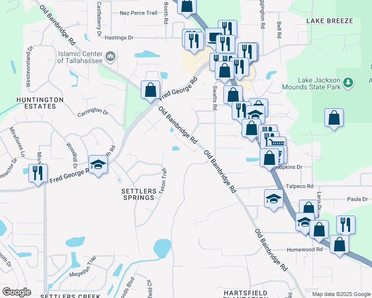 map of restaurants, bars, coffee shops, grocery stores, and more near 3900 Bellac Road in Tallahassee