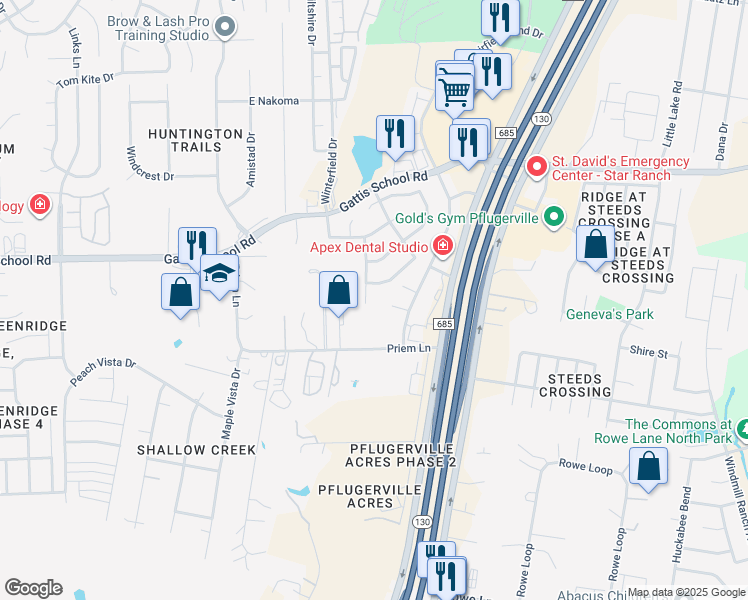 map of restaurants, bars, coffee shops, grocery stores, and more near 4656 Priem Lane in Pflugerville
