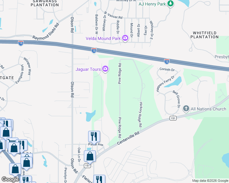 map of restaurants, bars, coffee shops, grocery stores, and more near 2680 Pine Ridge Road in Tallahassee
