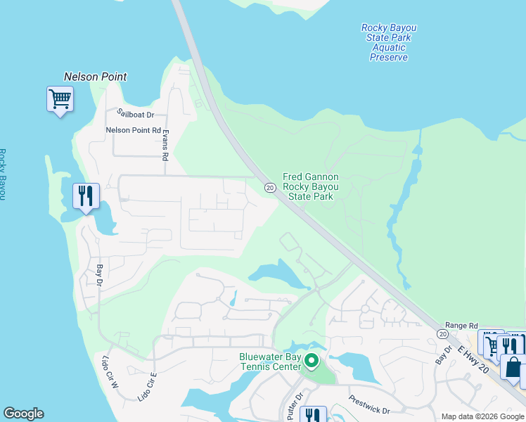 map of restaurants, bars, coffee shops, grocery stores, and more near 4270 Calinda Lane in Niceville