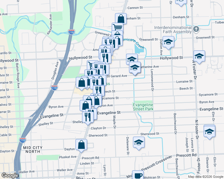 map of restaurants, bars, coffee shops, grocery stores, and more near 5125 Maple Drive in Baton Rouge