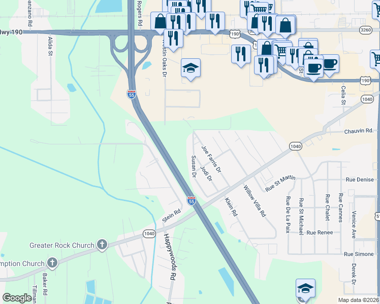map of restaurants, bars, coffee shops, grocery stores, and more near 530 Susan Drive in Hammond