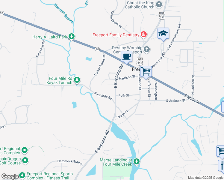 map of restaurants, bars, coffee shops, grocery stores, and more near 1053 4 Mile Road Southwest in Freeport