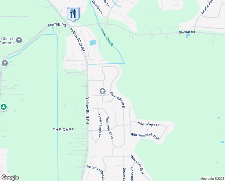 map of restaurants, bars, coffee shops, grocery stores, and more near 14129 Fish Eagle Drive East in Jacksonville