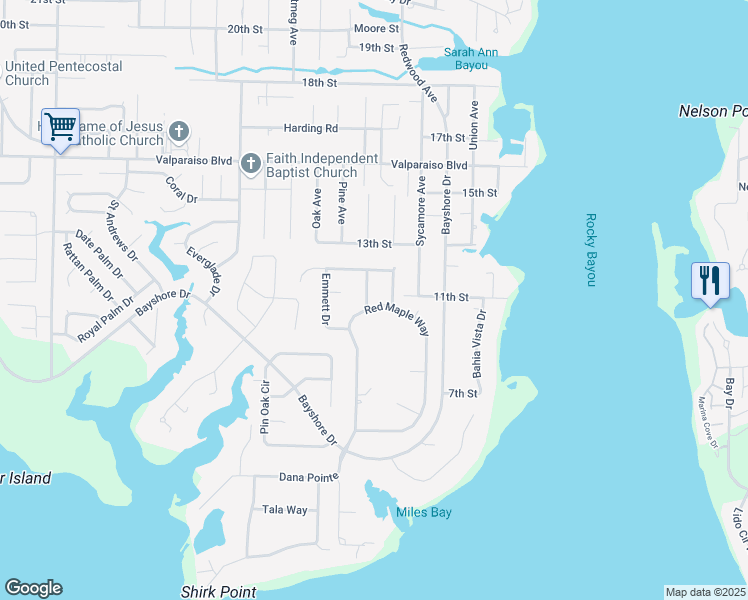 map of restaurants, bars, coffee shops, grocery stores, and more near 139 Red Maple Way in Niceville