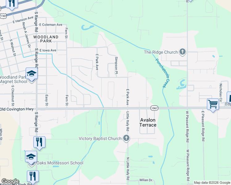 map of restaurants, bars, coffee shops, grocery stores, and more near 17347 Old Covington Highway in Hammond