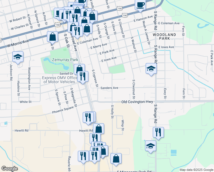 map of restaurants, bars, coffee shops, grocery stores, and more near 112 Aurora Boulevard in Hammond