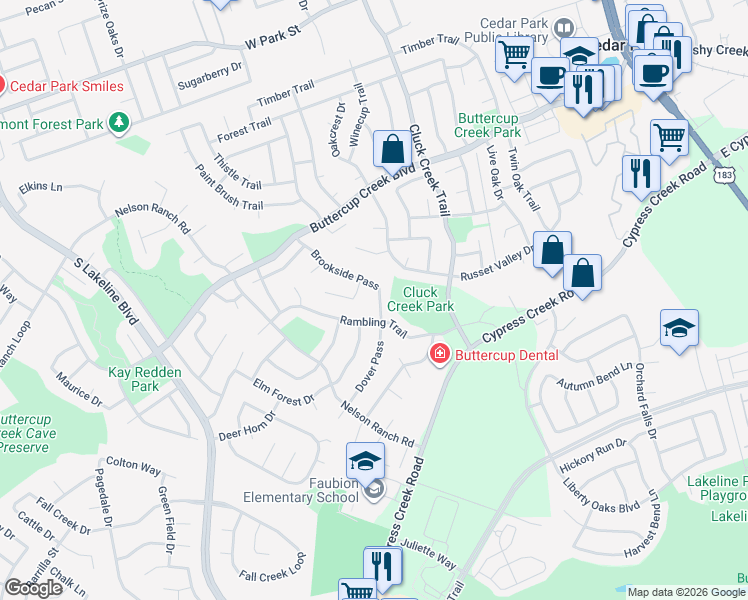 map of restaurants, bars, coffee shops, grocery stores, and more near 709 Brookside Pass in Cedar Park