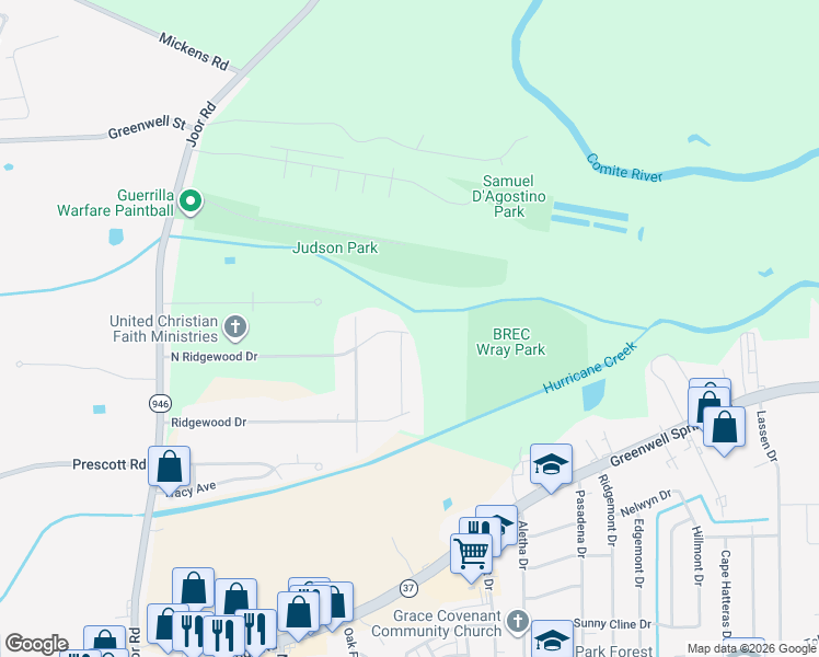 map of restaurants, bars, coffee shops, grocery stores, and more near 9719 North Ridgewood Drive in Baton Rouge