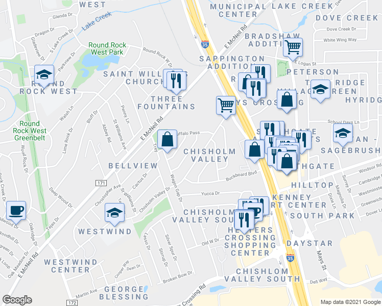 map of restaurants, bars, coffee shops, grocery stores, and more near 605 Buckskin Drive in Round Rock