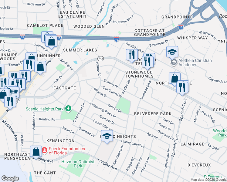 map of restaurants, bars, coffee shops, grocery stores, and more near 3879 Bonway Drive in Pensacola