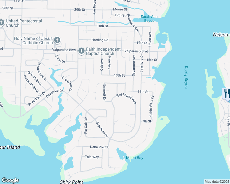 map of restaurants, bars, coffee shops, grocery stores, and more near 721 Persimmon Way in Niceville