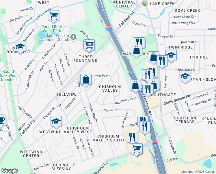 map of restaurants, bars, coffee shops, grocery stores, and more near 505 Chisholm Valley Drive in Round Rock