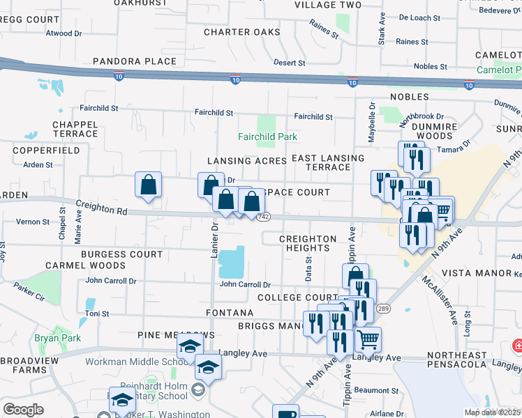 map of restaurants, bars, coffee shops, grocery stores, and more near 1926 Creighton Road in Pensacola