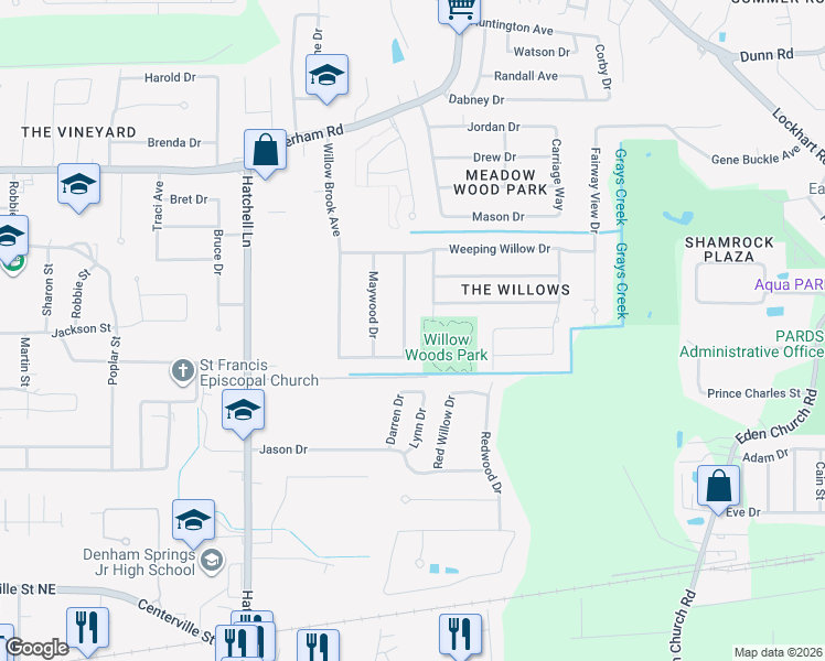 map of restaurants, bars, coffee shops, grocery stores, and more near 951 Bay Tree Drive in Denham Springs