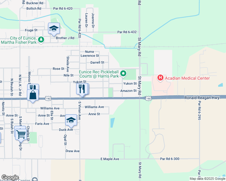 map of restaurants, bars, coffee shops, grocery stores, and more near 1631 Yukon Street in Eunice