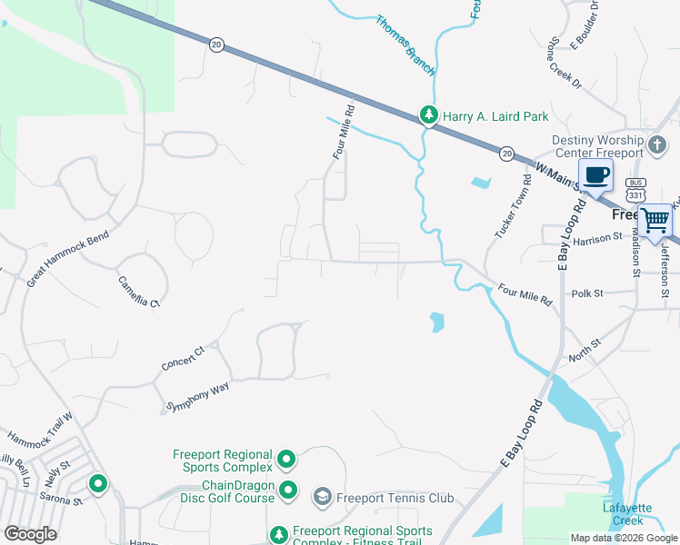 map of restaurants, bars, coffee shops, grocery stores, and more near 522 4 Mile Road in Freeport