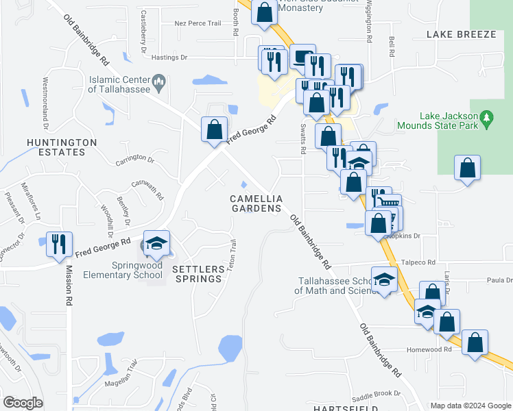 map of restaurants, bars, coffee shops, grocery stores, and more near 3502 Old Bainbridge Road in Tallahassee