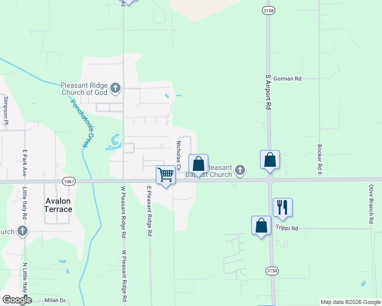 map of restaurants, bars, coffee shops, grocery stores, and more near Nicholas Circle in Hammond