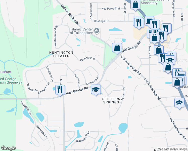 map of restaurants, bars, coffee shops, grocery stores, and more near 4267 Carnwath Road in Tallahassee