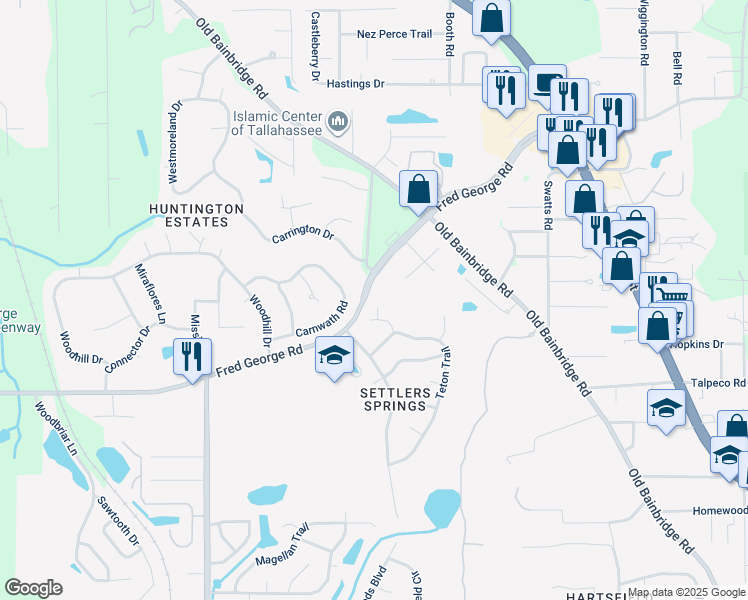map of restaurants, bars, coffee shops, grocery stores, and more near 3010 Setter Court in Tallahassee