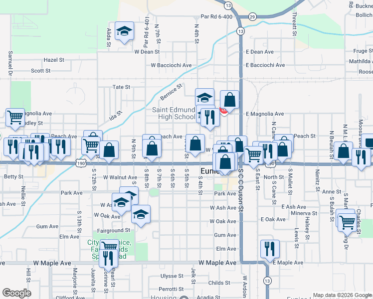 map of restaurants, bars, coffee shops, grocery stores, and more near 200 North 5th Street in Eunice