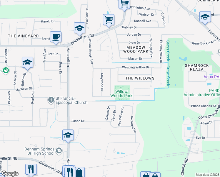 map of restaurants, bars, coffee shops, grocery stores, and more near 951 Bay Tree Drive in Denham Springs
