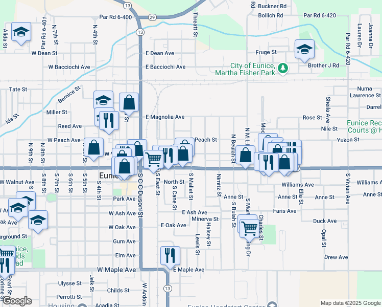 map of restaurants, bars, coffee shops, grocery stores, and more near 200 North Mallet Street in Eunice