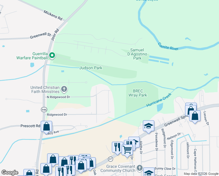 map of restaurants, bars, coffee shops, grocery stores, and more near 9719 North Ridgewood Drive in Baton Rouge