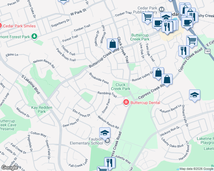 map of restaurants, bars, coffee shops, grocery stores, and more near 618 Brookside Pass in Cedar Park