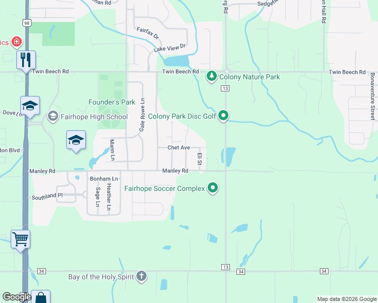 map of restaurants, bars, coffee shops, grocery stores, and more near 276 Chet Avenue in Fairhope