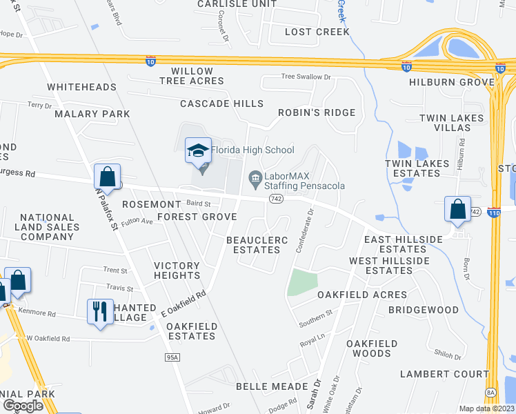 map of restaurants, bars, coffee shops, grocery stores, and more near 189 East Burgess Road in Pensacola