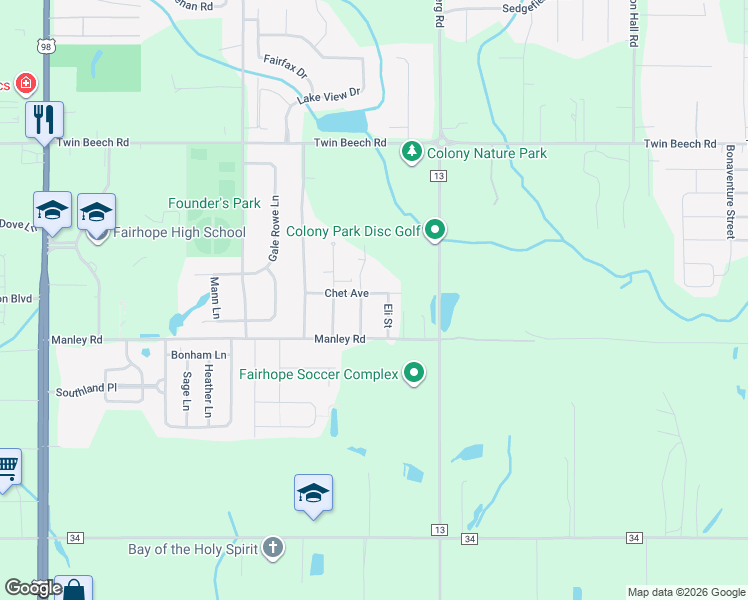 map of restaurants, bars, coffee shops, grocery stores, and more near 276 Chet Avenue in Fairhope