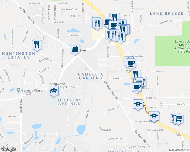 map of restaurants, bars, coffee shops, grocery stores, and more near 3400 Old Bainbridge Road in Tallahassee