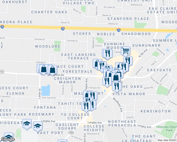 map of restaurants, bars, coffee shops, grocery stores, and more near 2370 Teate Avenue in Pensacola