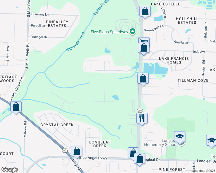 map of restaurants, bars, coffee shops, grocery stores, and more near 2866 Mandeville Lane in Pensacola