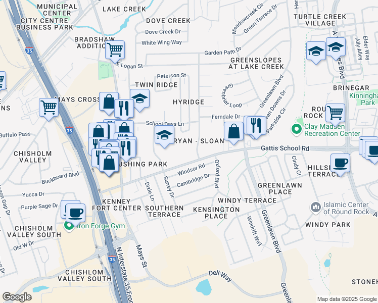 map of restaurants, bars, coffee shops, grocery stores, and more near 1500 Lawnmont Drive in Round Rock