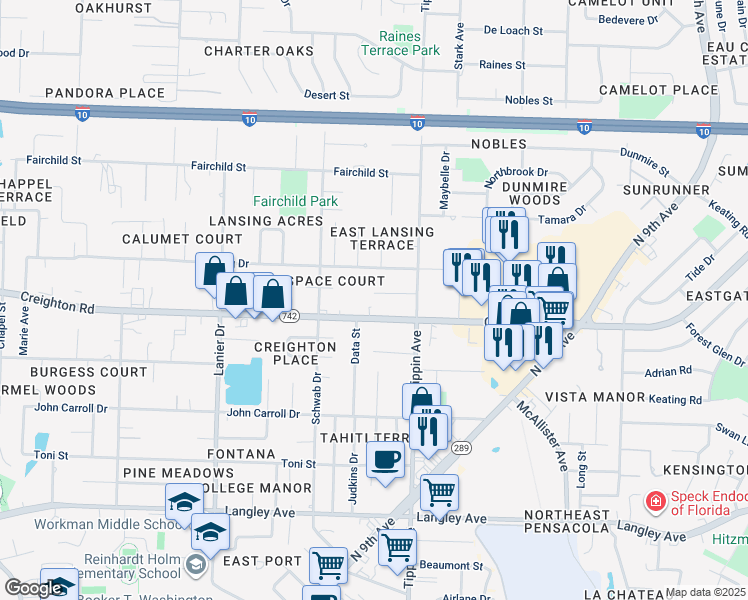 map of restaurants, bars, coffee shops, grocery stores, and more near 2171 Teate Avenue in Pensacola