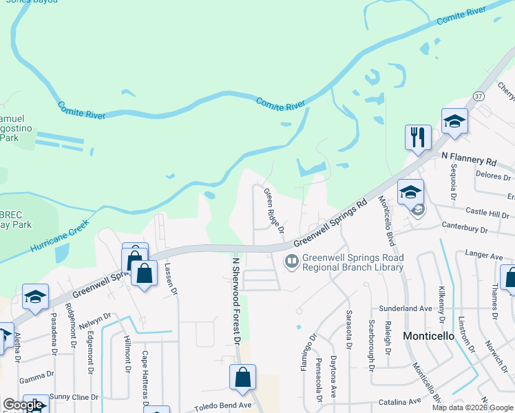 map of restaurants, bars, coffee shops, grocery stores, and more near 5120 Green Ridge Drive in Baton Rouge