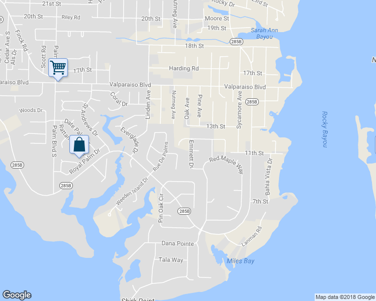 map of restaurants, bars, coffee shops, grocery stores, and more near 217 Emmett Drive in Niceville
