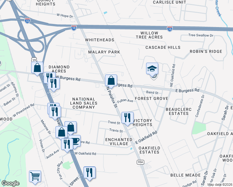 map of restaurants, bars, coffee shops, grocery stores, and more near 25 East Burgess Road in Pensacola