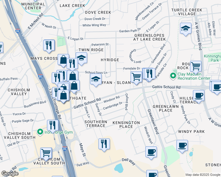 map of restaurants, bars, coffee shops, grocery stores, and more near 1500 Lawnmont Drive in Round Rock